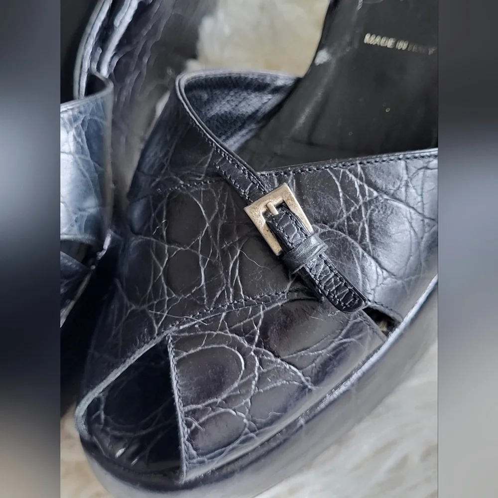 PRADA Black Croc-Embossed Ankle Strap Platform
